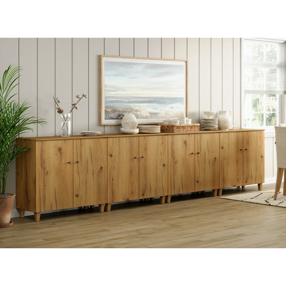 WAMPAT Sideboards Buffet Cabinets with Doors, 4-in-1 Extra Wide Kitchen Wood 141.6" Long Buffet Server Table with 12 Storage Compartments for Living Room, Entryway, Hallway, Oak Brown, 2 Packs