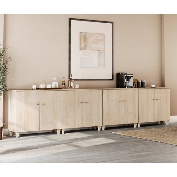 WAMPAT Sideboards Buffet Cabinets with Doors, 4-in-1 Extra Wide Kitchen Wood 141.6" Long Buffet Server Table with 12 Storage Compartments for Living Room, Entryway, Hallway, Natural Oak, 2 Packs