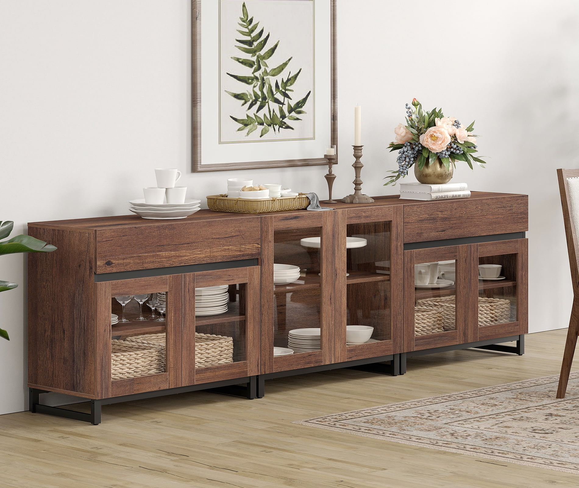 WAMPAT Storage Cabinet with Glass Doors, 3 in 1 Modern Sideboard with Adjustable Shelves and 2 Drawers, Coffee Bar Cabinet for Living Room, Kitchen, Brown