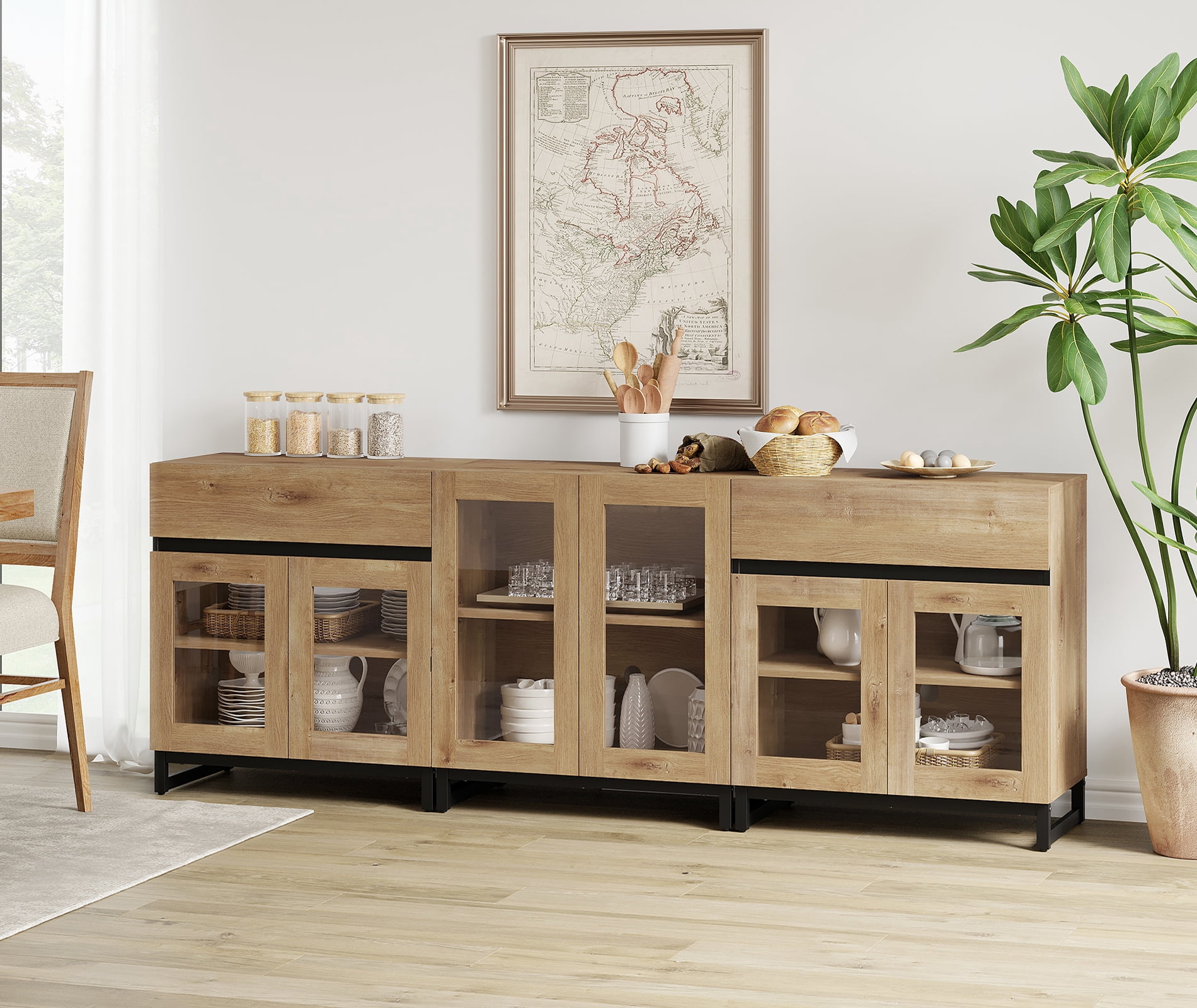 WAMPAT Storage Cabinet with Glass Doors, 3 in 1 Modern Sideboard with Adjustable Shelves and 2 Drawers, Coffee Bar Cabinet for Living Room, Kitchen, Oak