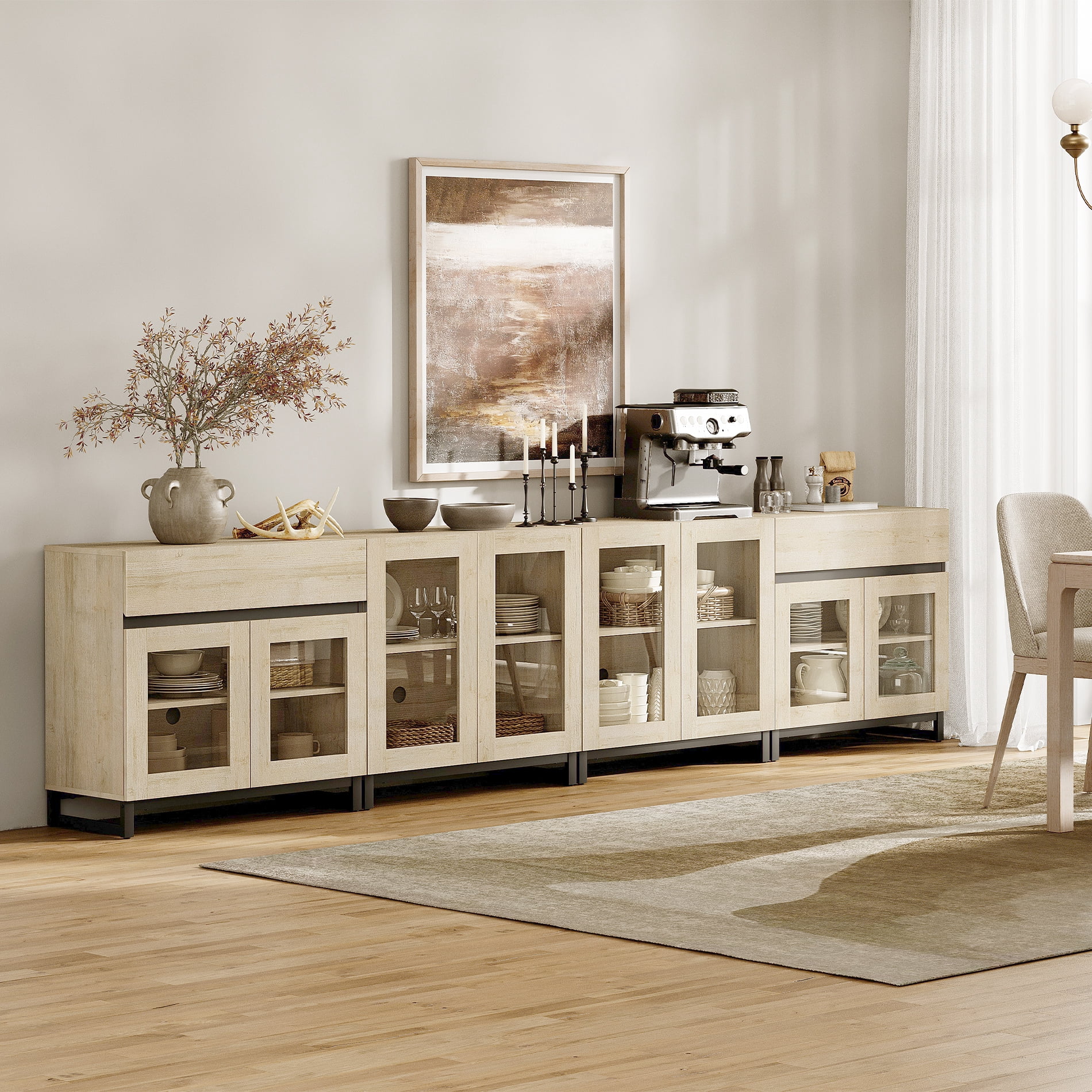 WAMPAT Storage Cabinet with Glass Doors, 4 in 1 Modern Sideboard with Adjustable Shelves and 2 Drawers, Coffee Bar Cabinet for Living Room, Kitchen, Beige