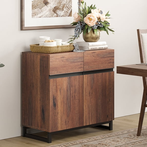 WAMPAT Storage Cabinet, Modern Sideboard with Adjustable Shelf and Metal Base, Coffee Bar Cabinet for Living Room, Dining Room, Brown