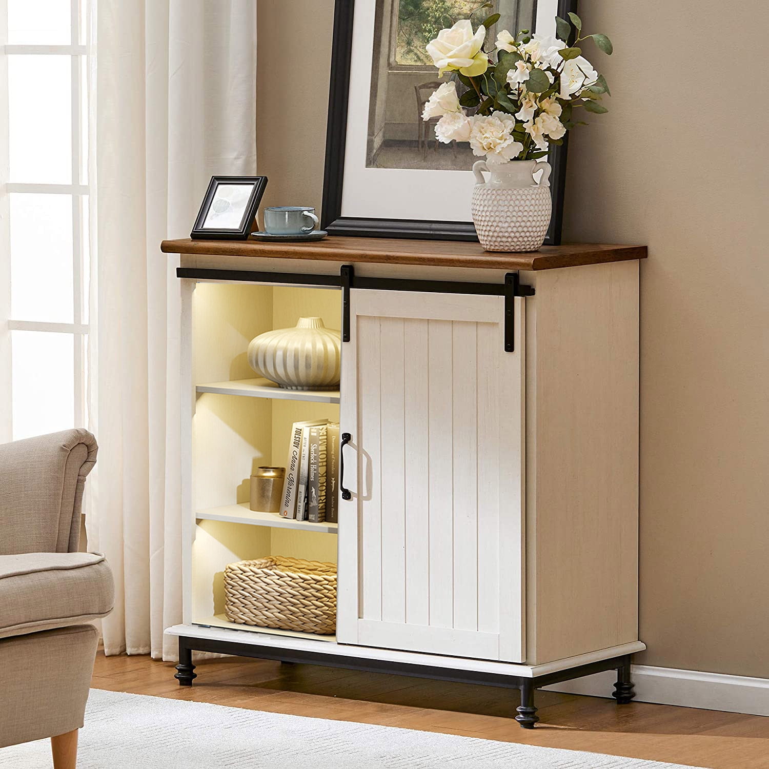 WAMPAT Storage Cabinet with Sliding Barn Door,LED Decorative Farmhouse Buffet Cabinet Coffee Bar Cabinet Accent Cabinet Entryway Storage Table for Living Room,Bathroom and Kitchen