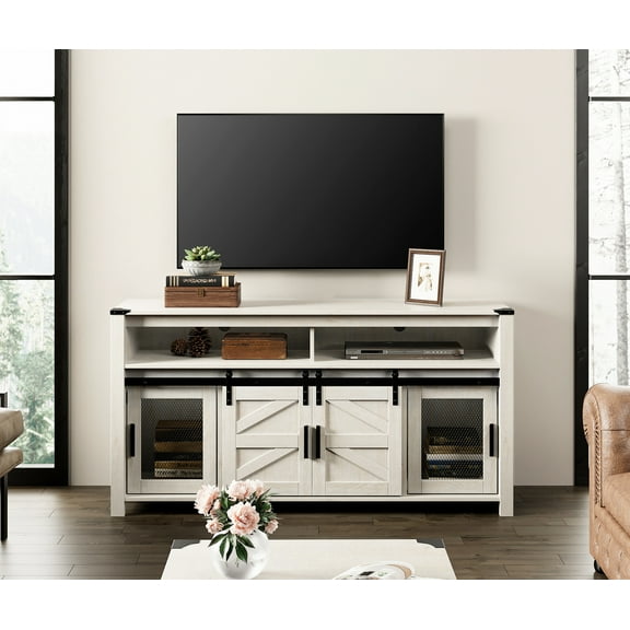 WAMPAT TV Media Console Stand for 65 Inch TV, Farmhouse Entertainment Center with Sliding Barn Door and Storage Shelves, Wood Television Stand for Living Room, Dark Rustic Oak