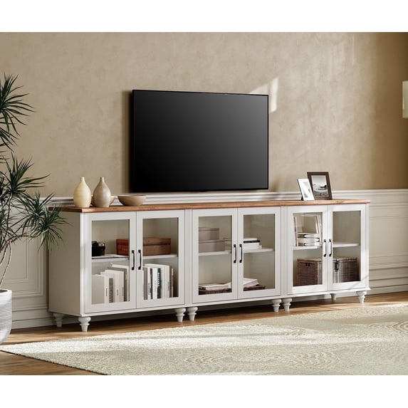 TV Stand for 100 Inch, Ample Storage Cabinet with 6 Glass Doors, Wooden Entertainment Center Storage Cabinet for Living Room or Dining Room or Bedroom, Off White