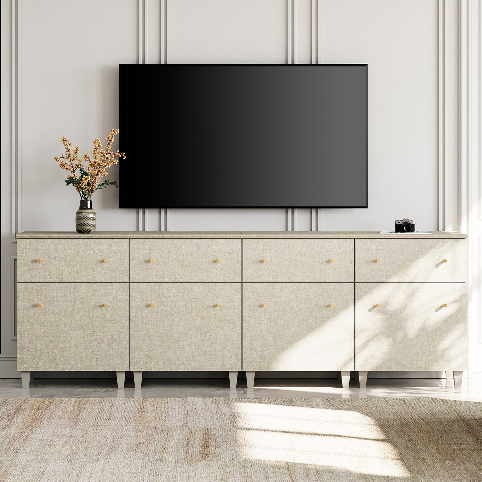 WAMPAT TV Stand Cabinets for 100+ Inch Flat Screen, 4-in-1 Modern Highboy Wooden Entertainment Center with 4 Drawers and Shelves, Dark Beige