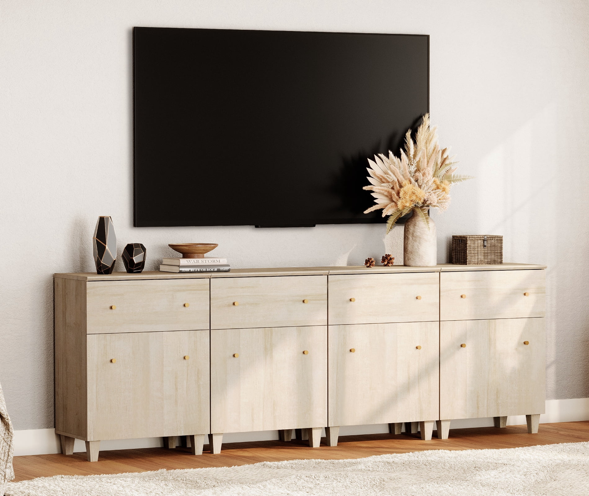 WAMPAT TV Stand Cabinets for 100+ Inch Flat Screen, 4-in-1 Modern Highboy Wooden Entertainment Center with 4 Drawers and Shelves, Light Oak