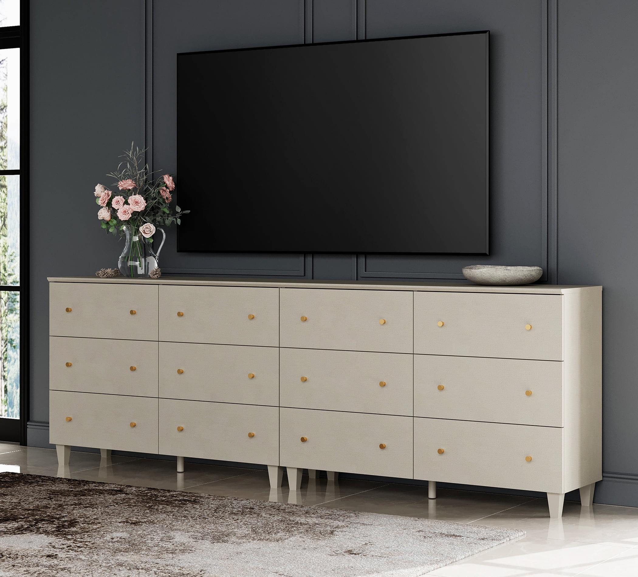 WAMPAT TV Stand Cabinets for 100+ Inches TVs, 2-in-1 Modern Wooden Media Console with 12 Spacious Drawers for Living Room, Beige