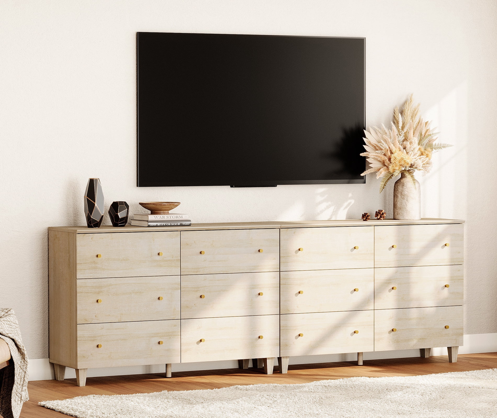 WAMPAT TV Stand Cabinets for 100+ Inches TVs, 2-in-1 Modern Wooden Media Console with 12 Spacious Drawers for Living Room, Light Oak