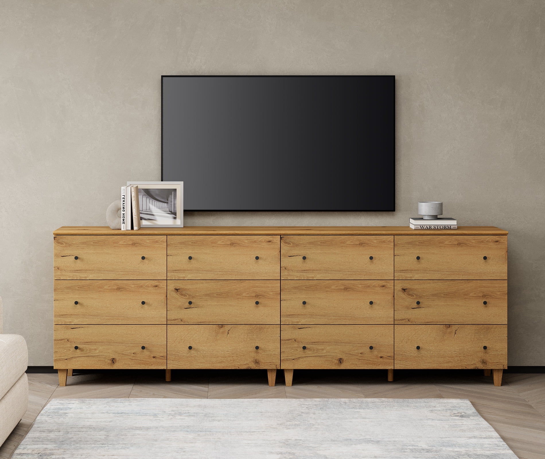 WAMPAT TV Stand Cabinets for 100+ Inches TVs, 2-in-1 Modern Wooden Media Console with 12 Spacious Drawers for Living Room, Oak Brown
