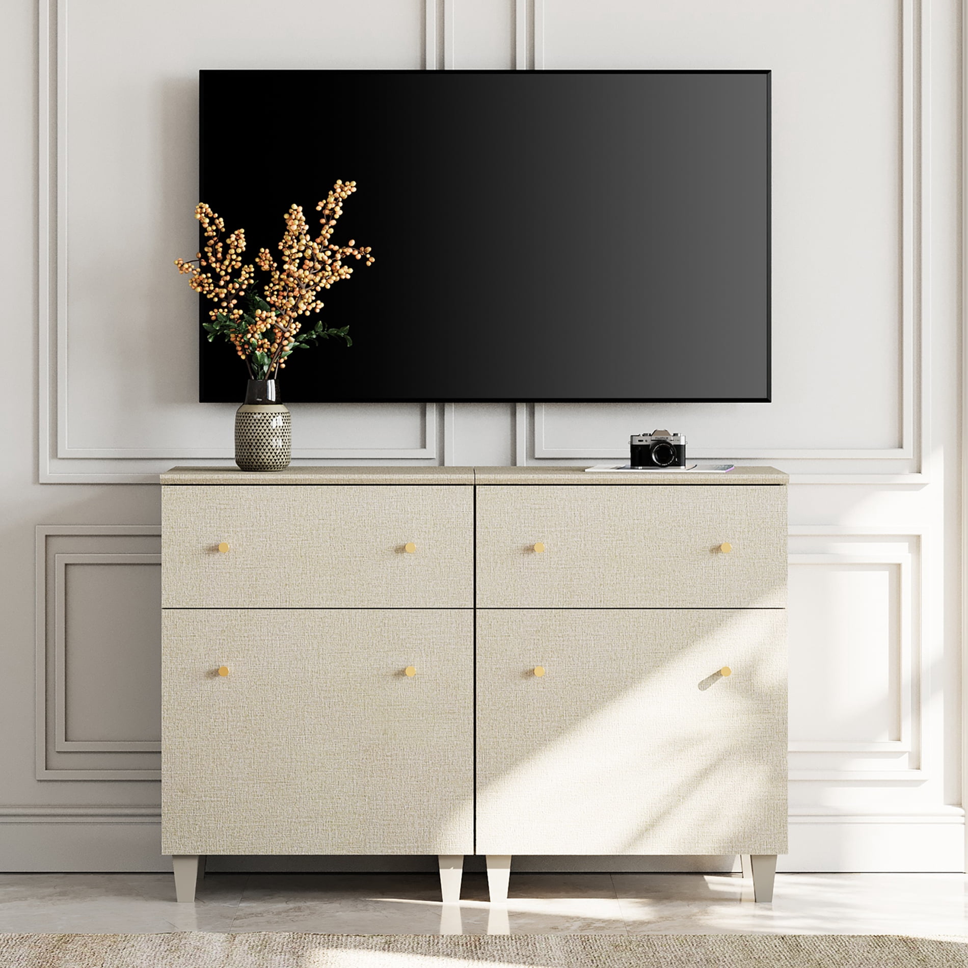 WAMPAT TV Stand Cabinets for 55 Inch Flat Screen, 2-in-1 Modern Highboy Wooden Entertainment Center with 2 Drawers and Shelves, Dark Beige