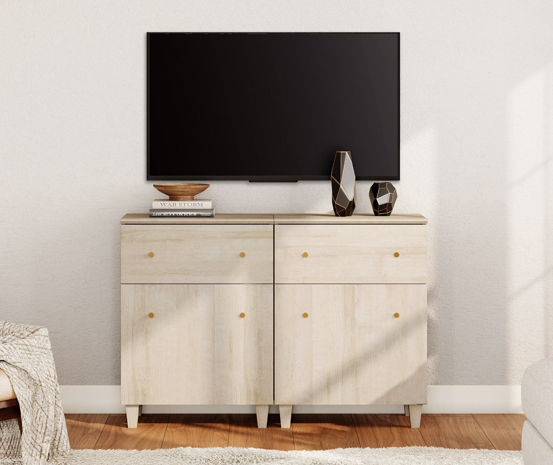 WAMPAT TV Stand Cabinets for 55 Inch Flat Screen, 2-in-1 Modern Highboy Wooden Entertainment Center with 2 Drawers and Shelves, Light Oak