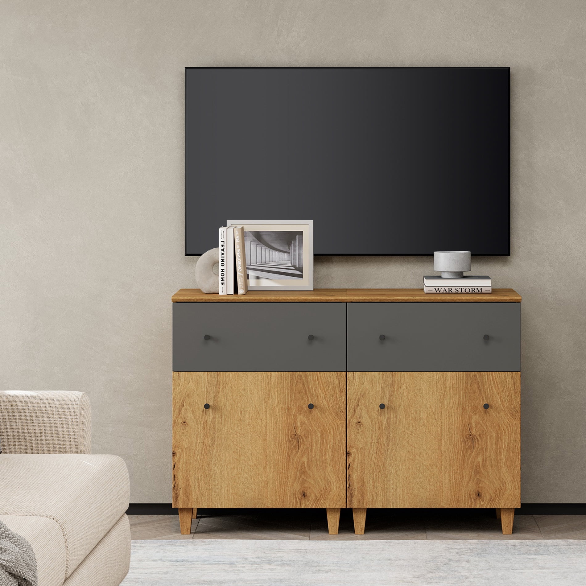 WAMPAT TV Stand Cabinets for 55 Inch Flat Screen, 2-in-1 Modern Highboy Wooden Entertainment Center with 2 Drawers and Shelves, Oak Brown