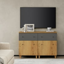 WAMPAT TV Stand Cabinets for 55 Inch Flat Screen, 2-in-1 Modern Highboy Wooden Entertainment Center with 2 Drawers and Shelves, Oak Brown