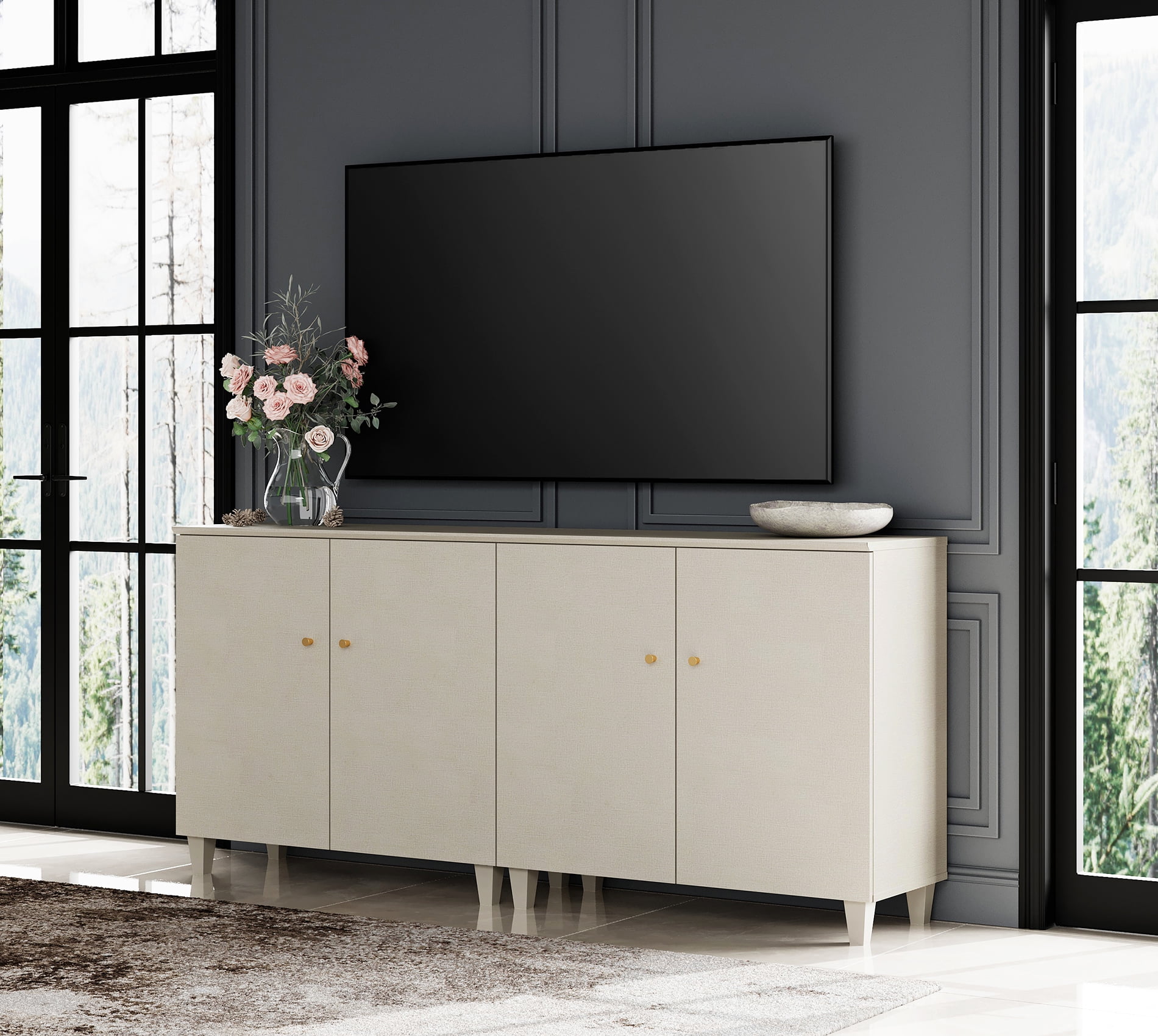 WAMPAT TV Stand Cabinets for 75+ Inch Flat Screen, 2-in-1 Modern Highboy Wooden Entertainment Center with 6 Compartments, Dark Beige