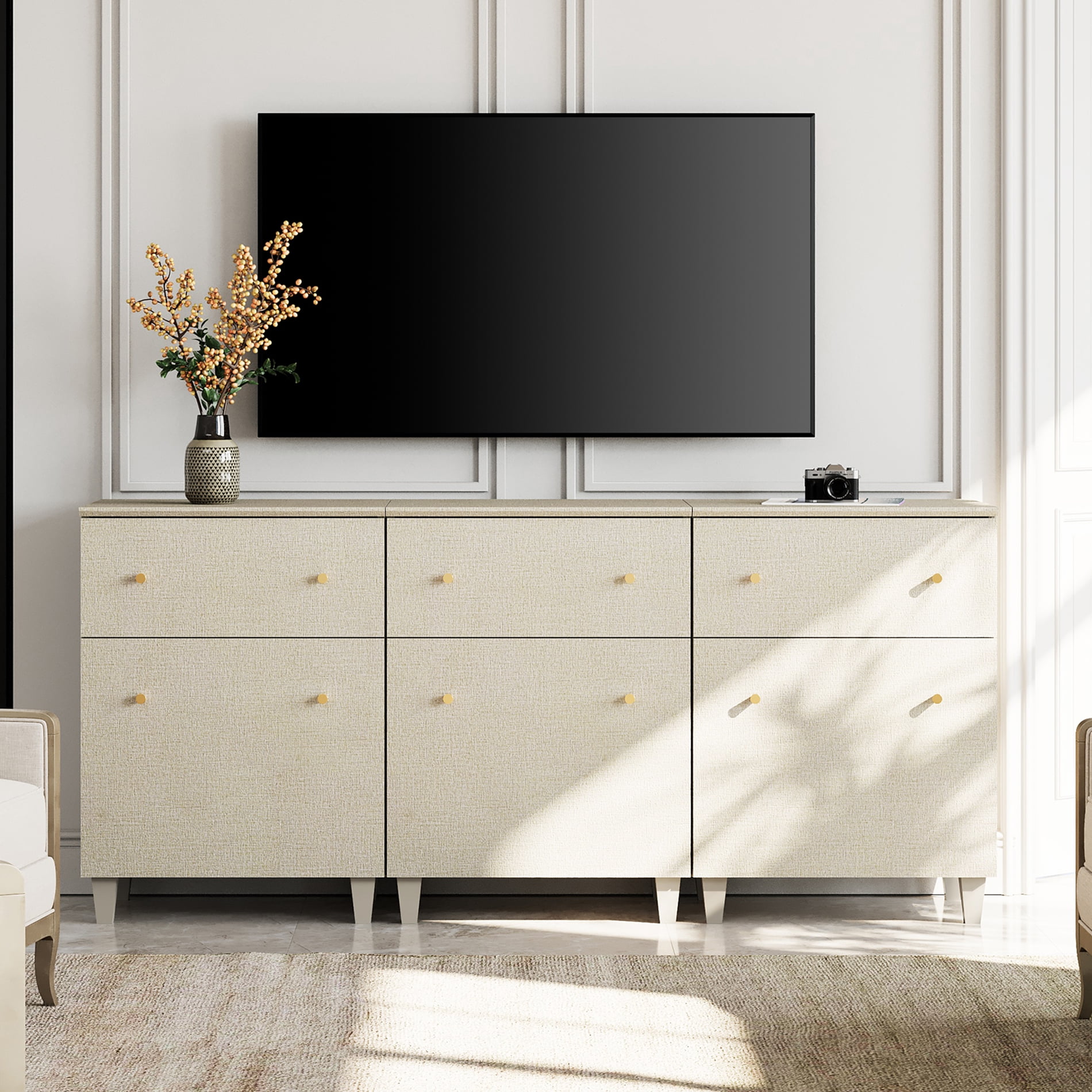 WAMPAT TV Stand Cabinets for 75+ Inch Flat Screen, 3-in-1 Modern Highboy Wooden Entertainment Center with 3 Drawers and Shelves, Dark Beige