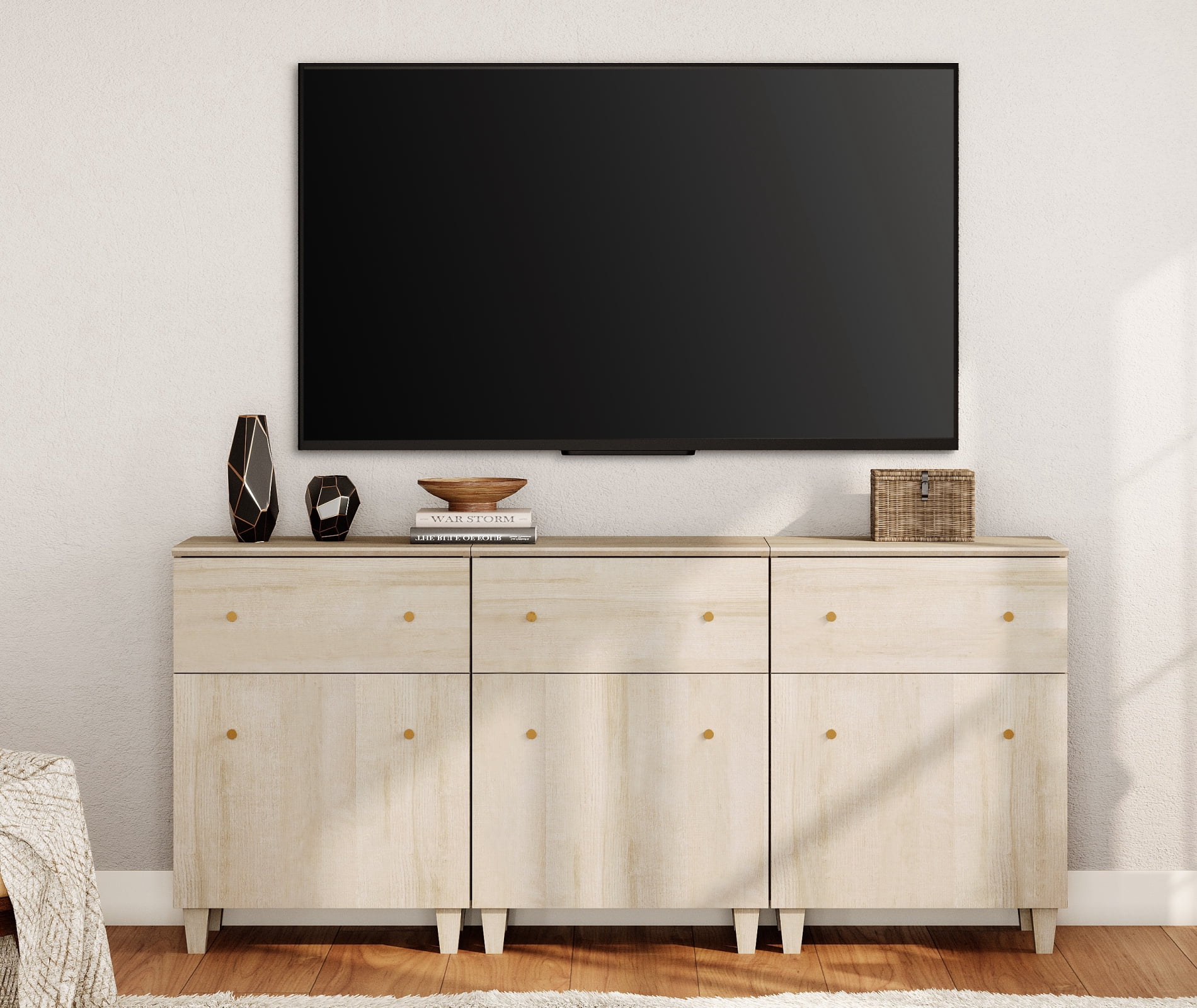 WAMPAT TV Stand Cabinets for 75+ Inch Flat Screen, 3-in-1 Modern Highboy Wooden Entertainment Center with 3 Drawers and Shelves, Light Oak