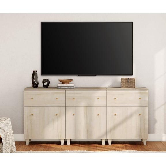 WAMPAT TV Stand Cabinets for 75+ Inch Flat Screen, 3-in-1 Modern Highboy Wooden Entertainment Center with 3 Drawers and Shelves, Light Oak