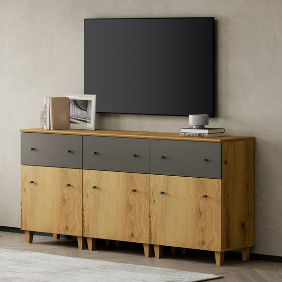 WAMPAT TV Stand Cabinets for 75+ Inch Flat Screen, 3-in-1 Modern Highboy Wooden Entertainment Center with 3 Drawers and Shelves, Oak Brown