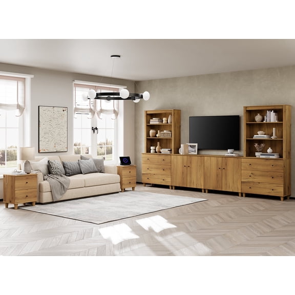 WAMPAT TV Stand and End Table Set of 3, Modern Entertainment Center for 75" TV with Cabinets and Drawers, 2 Charging Side Tables for Storage, Wooden Furniture Set for Living Room, Dark Brown Wood