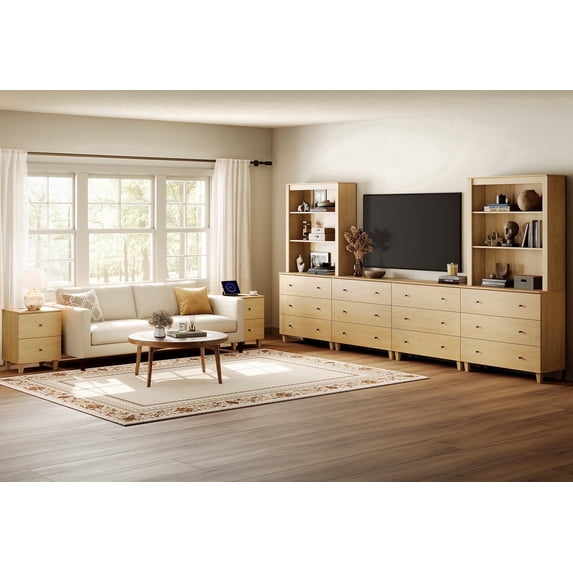 WAMPAT TV Stand and End Table Set of 3, Modern Entertainment Center for 75" TV with Drawers and Shelves, 2 Charging Side Tables for Storage, Wooden Furniture Set for Living Room, Oak Wood