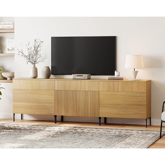 WAMPAT TV Stand with Storage for 100+ Inch TV, 3 in 1 94.5" W Modern Entertainment Center with Storage Cabinets, Fluted Console Cabinet Large Media Console With 7 Drawers & 2 Doors for Living Room