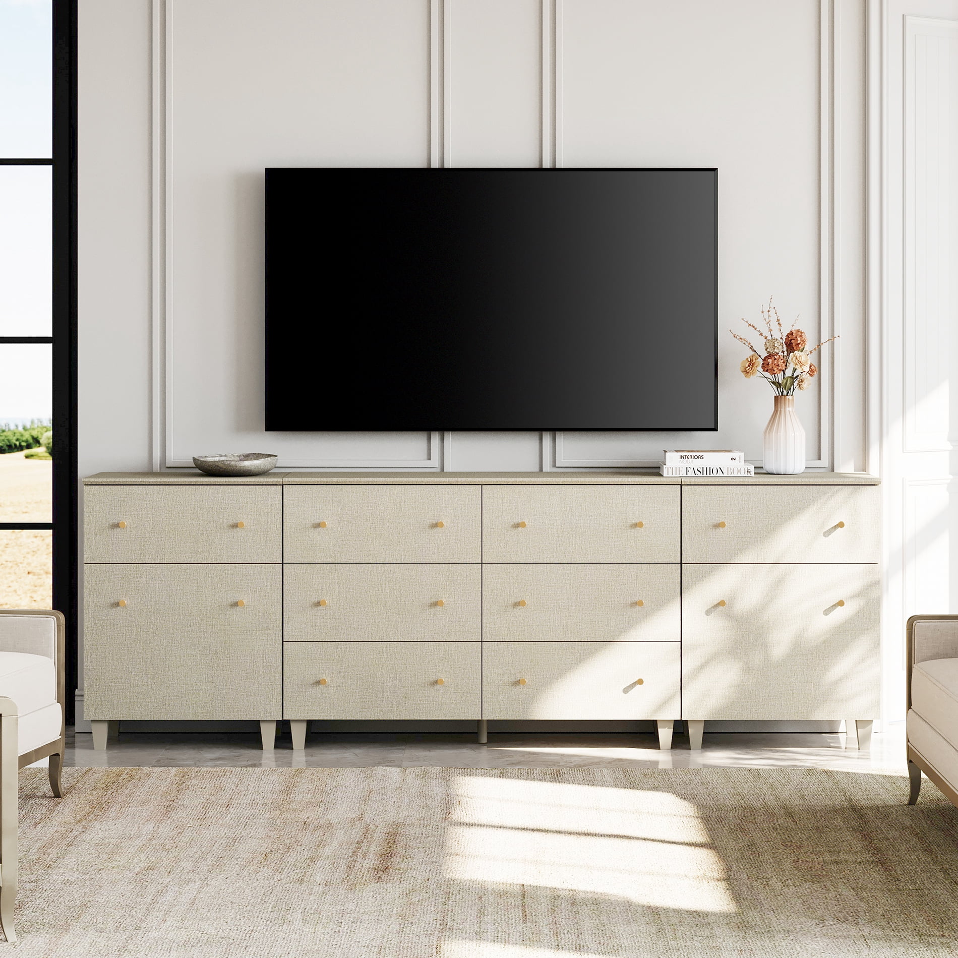 WAMPAT TV Stand for 100+ Inches TVs, 3-in-1 Modern Wooden Media Console with 8 Spacious Drawers and 2 Storage Cabinets for Living Room, Beige