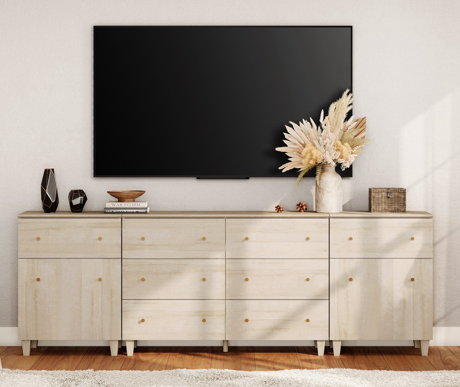 WAMPAT TV Stand for 100+ Inches TVs, 3-in-1 Modern Wooden Media Console with 8 Spacious Drawers and 2 Storage Cabinets for Living Room, Light Oak