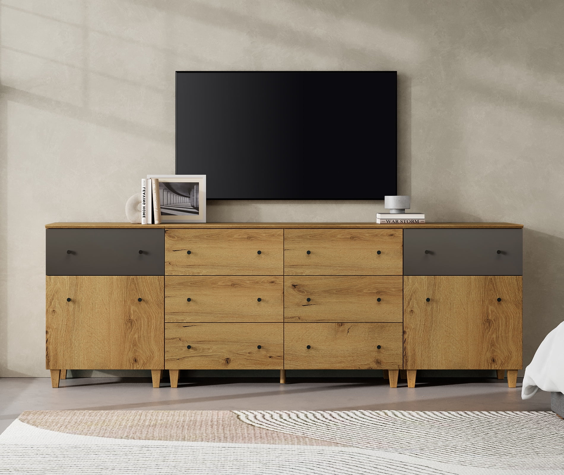 WAMPAT TV Stand for 100+ Inches TVs, 3-in-1 Modern Wooden Media Console with 8 Spacious Drawers and 2 Storage Cabinets for Living Room, Oak Brown