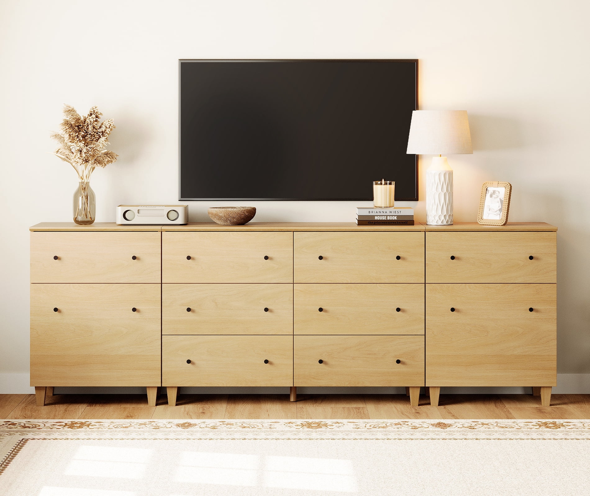 WAMPAT TV Stand for 100+ Inches TVs, 3-in-1 Modern Wooden Media Console with 8 Spacious Drawers and 2 Storage Cabinets for Living Room, Oak