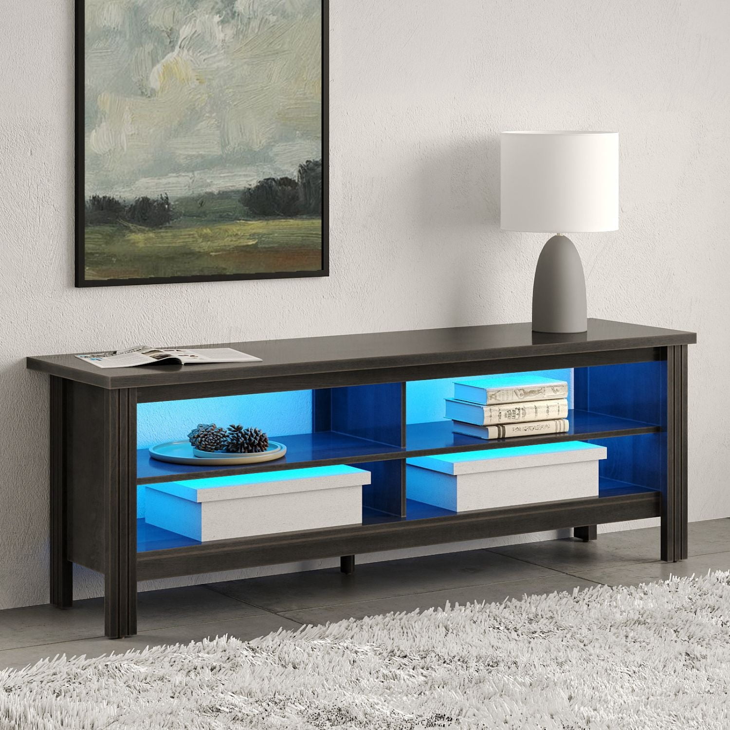 WAMPAT TV Stand for 55 inch TV, Entertainment Center Wood TV Media Console Table with 4 Storages & RGB LED Light for Living Room, Black