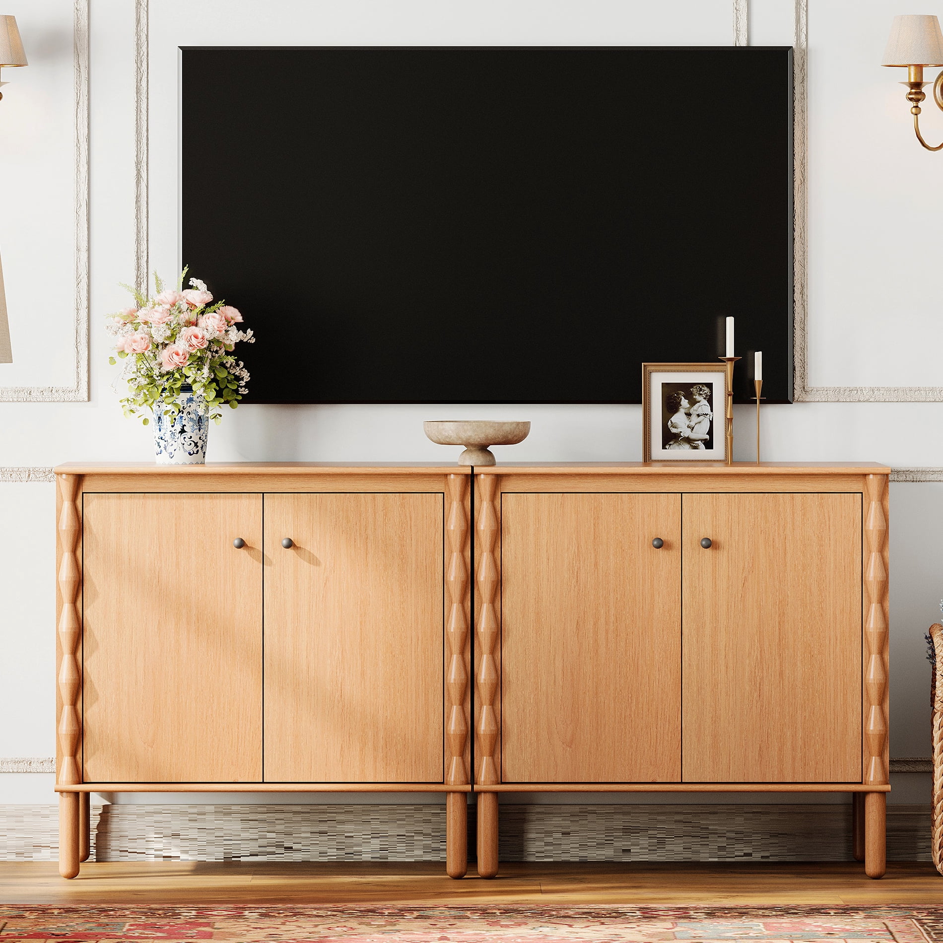 WAMPAT TV Stand for 65" TV，Media Console Table with Adjustable Shelf & Soft-Close Doors，Walnut