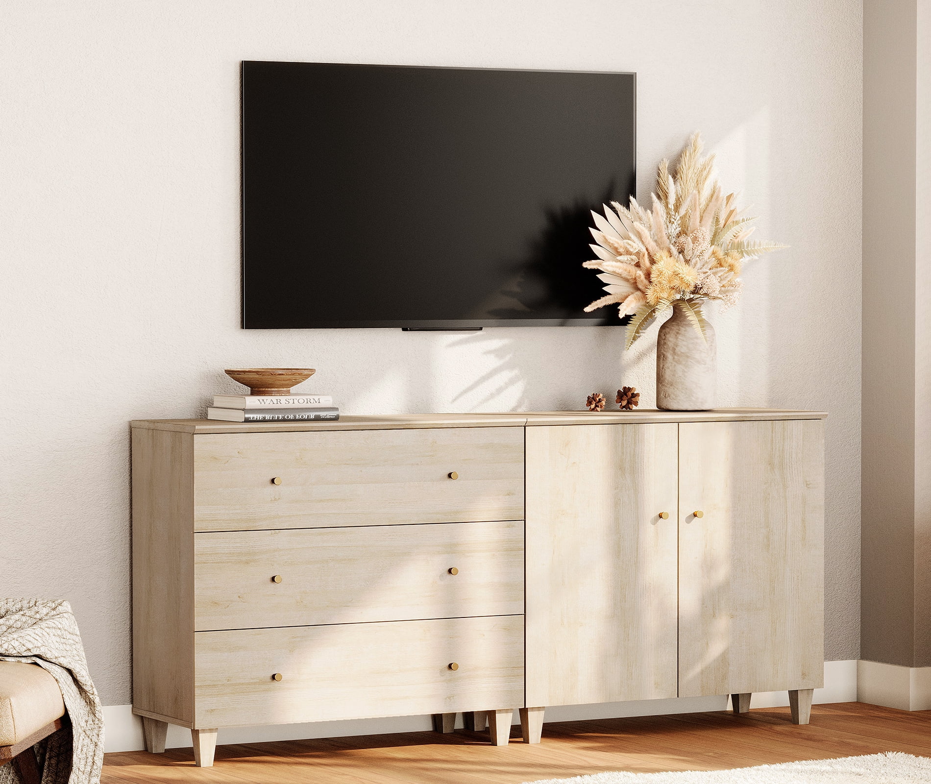 WAMPAT TV Stand for 75+ Inches TVs, 2-in-1 Modern Wooden Media Console with 3 Spacious Drawers and 1 Storage Cabinet for Living Room, Light Oak