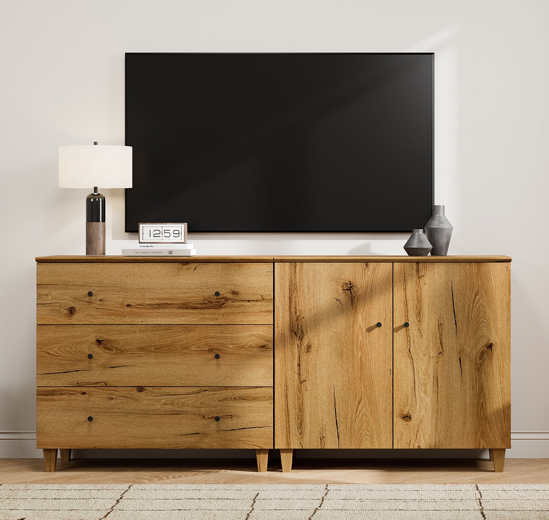 WAMPAT TV Stand for 75+ Inches TVs, 2-in-1 Modern Wooden Media Console with 3 Spacious Drawers and 1 Storage Cabinet for Living Room, Oak Brown