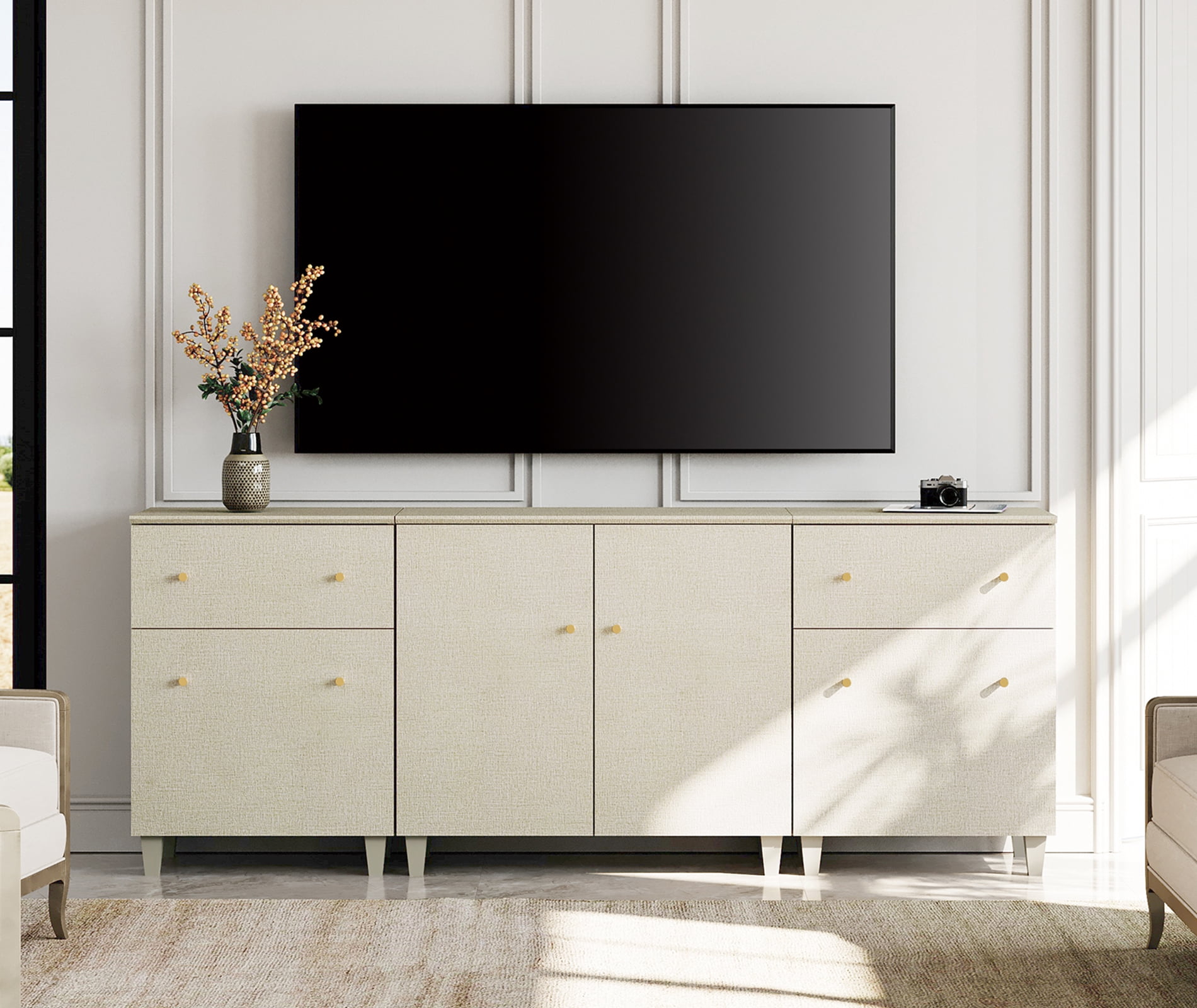 WAMPAT TV Stand for 85+ Inches TVs, 3-in-1 Modern Wooden Media Console with 2 Spacious Drawers and 3 Storage Cabinets for Living Room, Beige