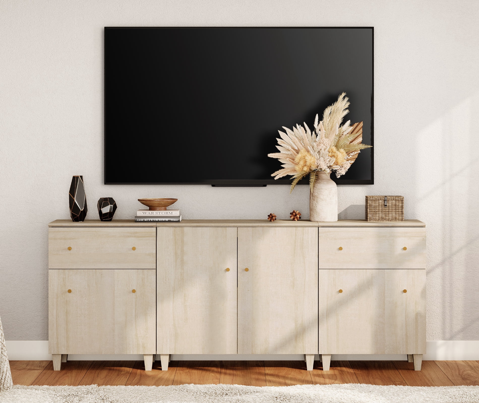 WAMPAT TV Stand for 85+ Inches TVs, 3-in-1 Modern Wooden Media Console with 2 Spacious Drawers and 3 Storage Cabinets for Living Room, Light Oak