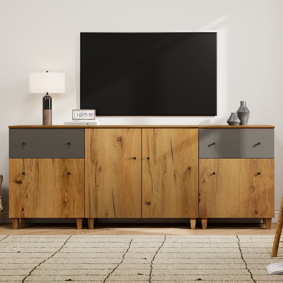 WAMPAT TV Stand for 85+ Inches TVs, 3-in-1 Modern Wooden Media Console with 2 Spacious Drawers and 3 Storage Cabinets for Living Room, Oak Brown