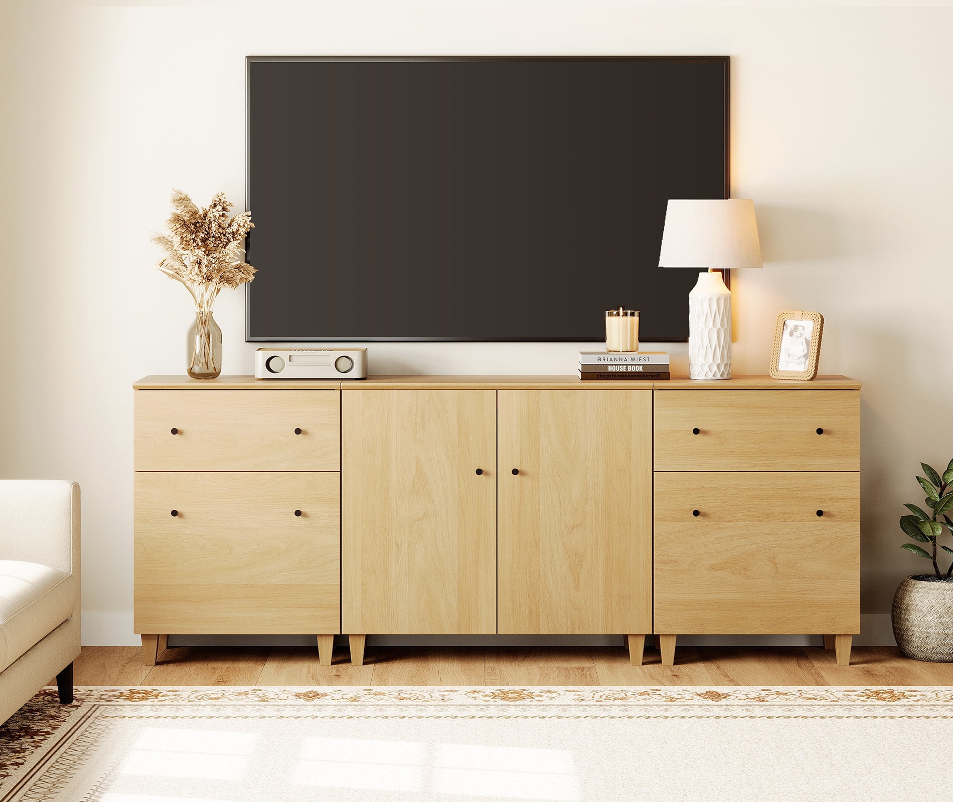 WAMPAT TV Stand for 85+ Inches TVs, 3-in-1 Modern Wooden Media Console with 2 Spacious Drawers and 3 Storage Cabinets for Living Room, Oak
