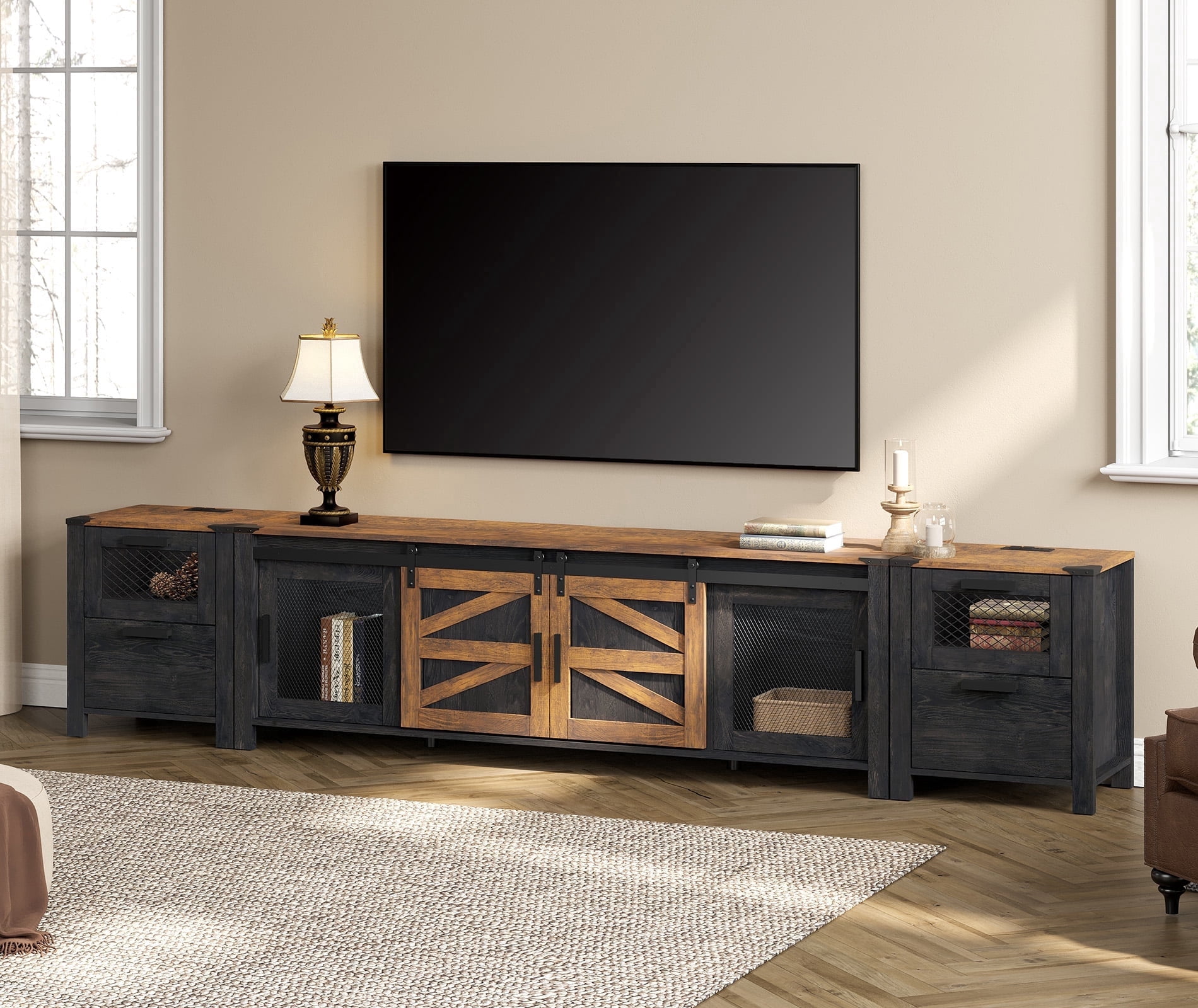 Wampat Farmhouse TV Stand for TVs up to 85 Inches with Charging Station, Drawers, Sliding Barn Door, Storage Shelf, Dark Walnut and Black Finish