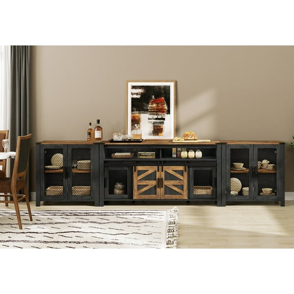 WAMPAT TV Stand set for ups to 100 inch TV,2 in 1 Farmhouse Entertainment Center with Sliding Barn Door,Media TV Console Table with Adjustable Shelf for Living Room Bedroom,Dark Walnut and Black