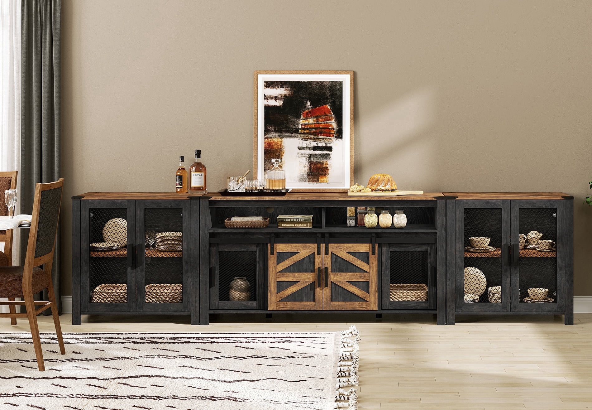Wampat Farmhouse TV Stand Entertainment Center for 100 Inch TV, 2 Piece, with Sliding Barn Door, Adjustable Shelves, Dark Walnut and Black
