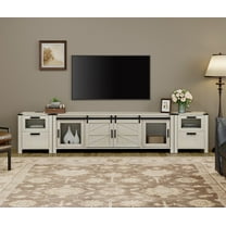 WAMPAT TV Stand set for ups to 85 inch TV,Entertainment Center with Charging Station,Drawer Media TV Console Table with Sliding Barn Door and Storage Shelf for Living Room Bedroom，Antique White