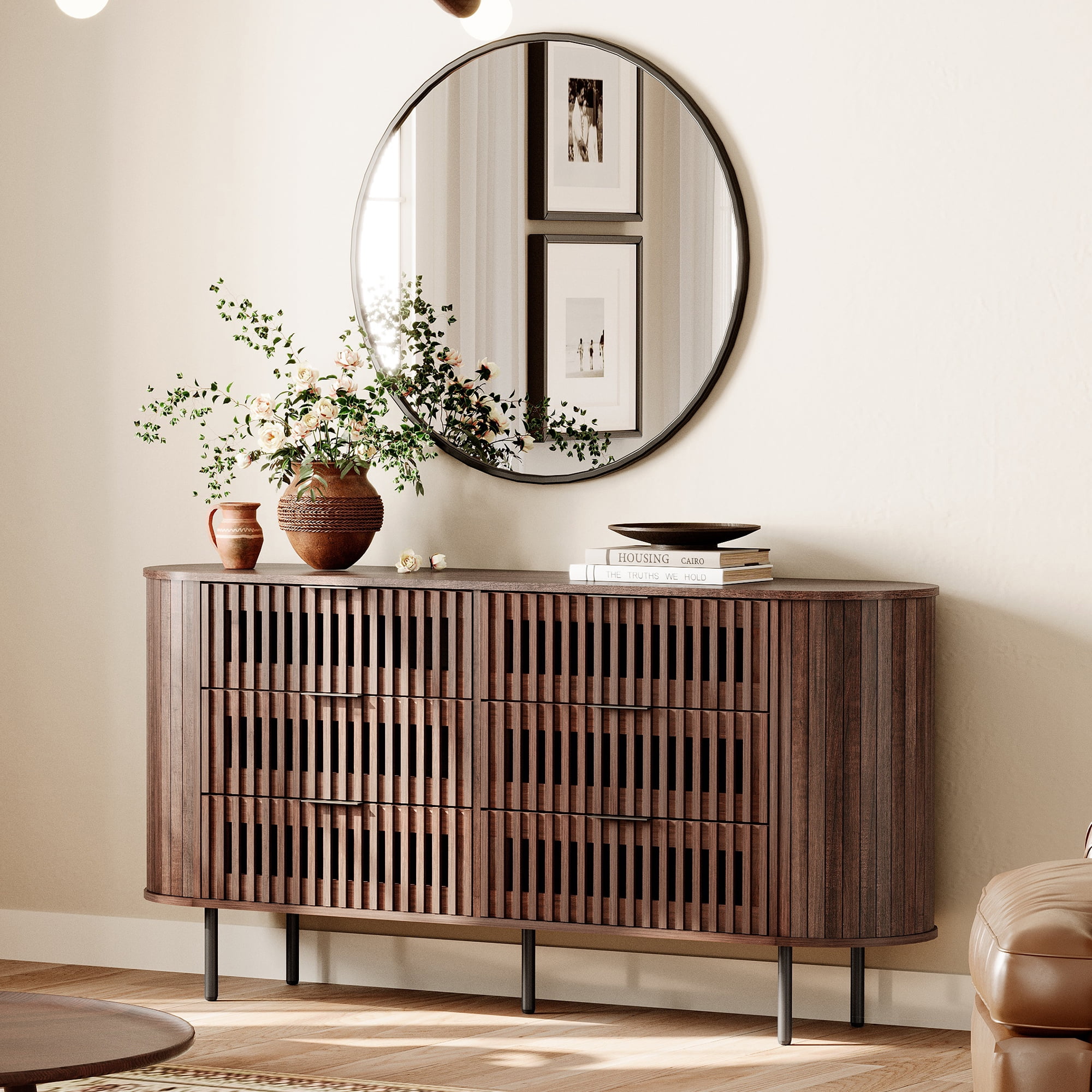 WAMPAT Tall 6 Drawer Dresser, Fluted Modern Wood Chest of Drawers for Bedroom, Living Room, Walnut