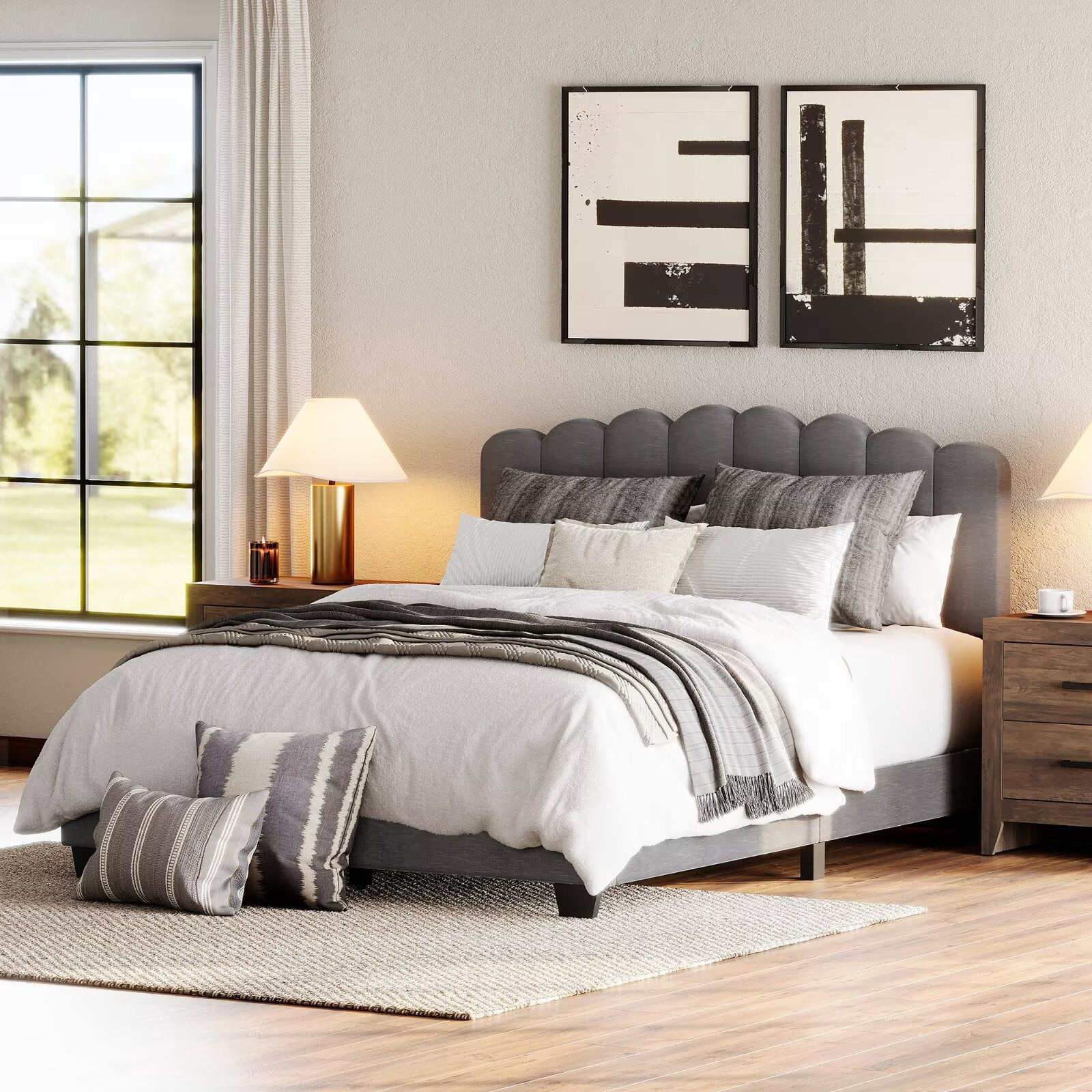 WAMPAT Upholstered Queen Bed Frame with Adjustable Headboard - Wooden Slats, No Box Spring Required, Easy Assembly, Grey