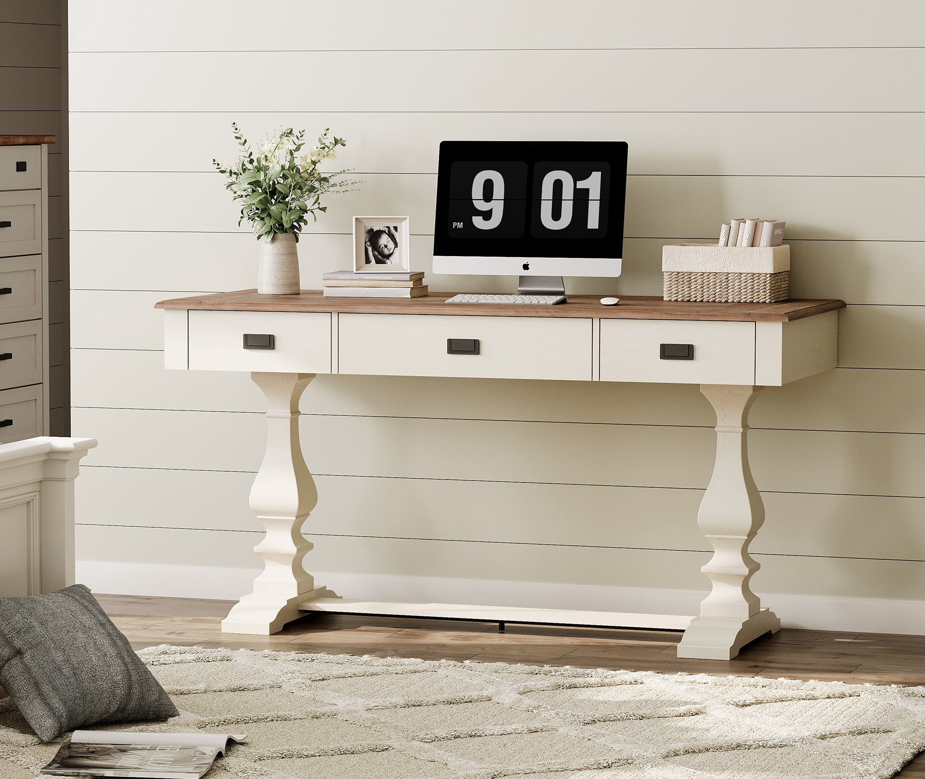 WAMPAT Vintage Rustic Executive Desk with Charging Station - Farmhouse Home Office Writing Table with 3 Drawers, Stable Solid Wood Legs, Ergonomic Rounded Edge for Office,Study,Cream White