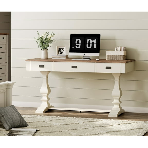 WAMPAT Vintage Rustic Executive Desk with Charging Station - Farmhouse Home Office Writing Table with 3 Drawers, Stable Solid Wood Legs, Ergonomic Rounded Edge for Office,Study,Cream White