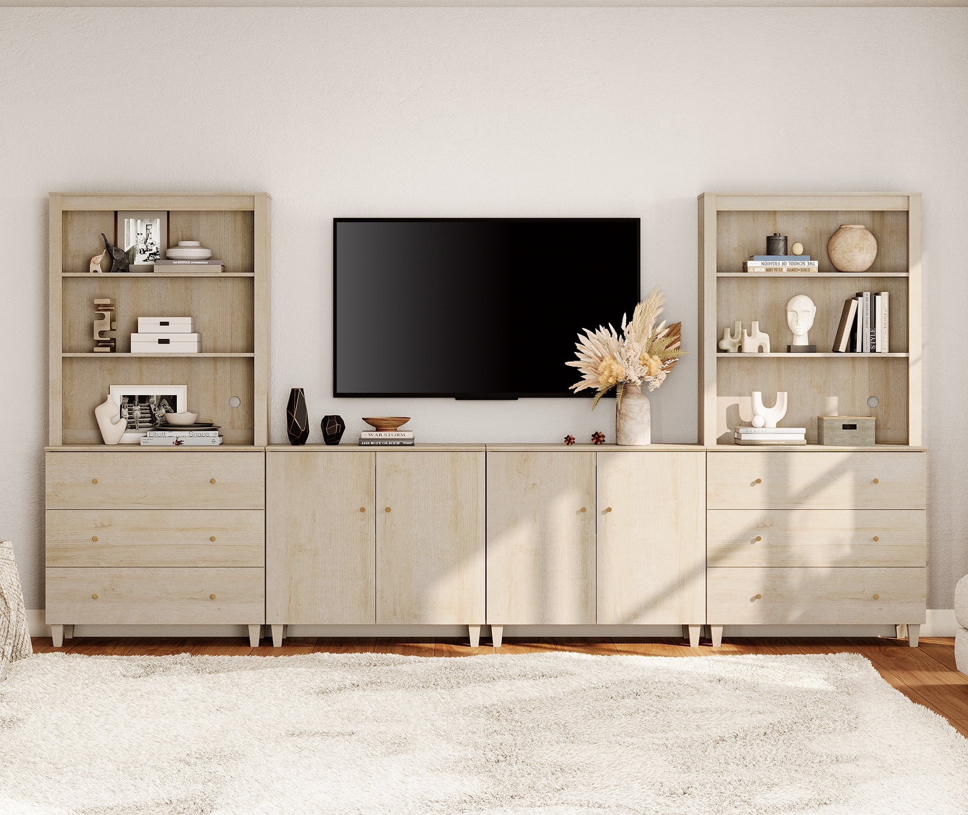 WAMPAT Wall Unit Entertainment Center for 75" TVs with Drawers&Doors, Light Oak