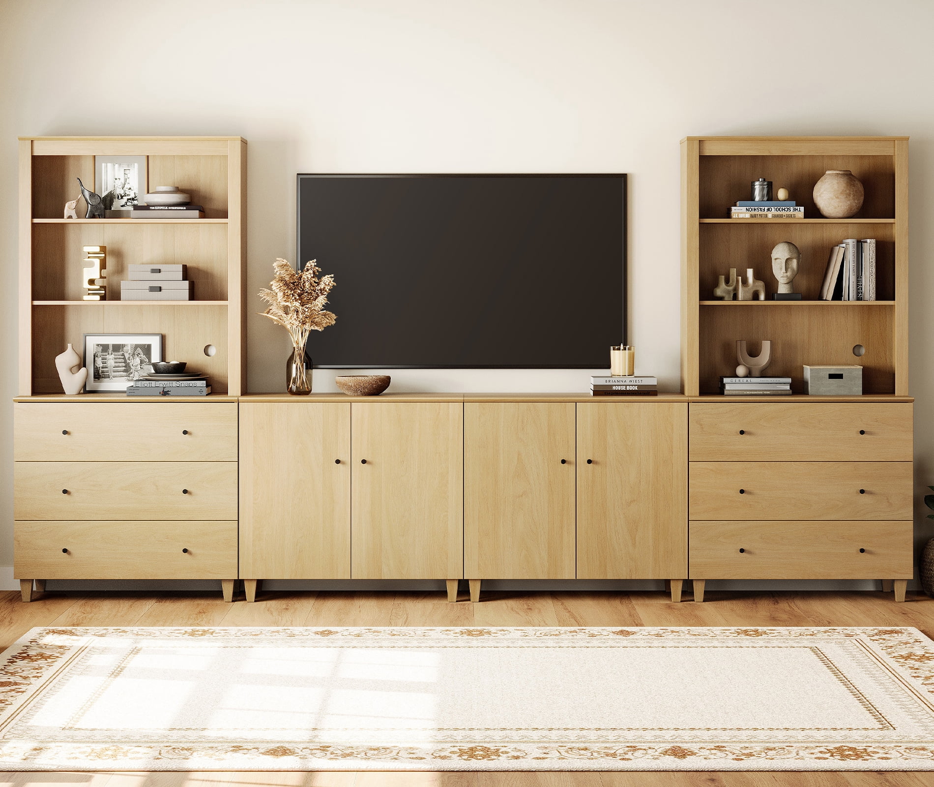 WAMPAT Wall Unit Entertainment Center for 75" TVs with Drawers&Doors, Oak