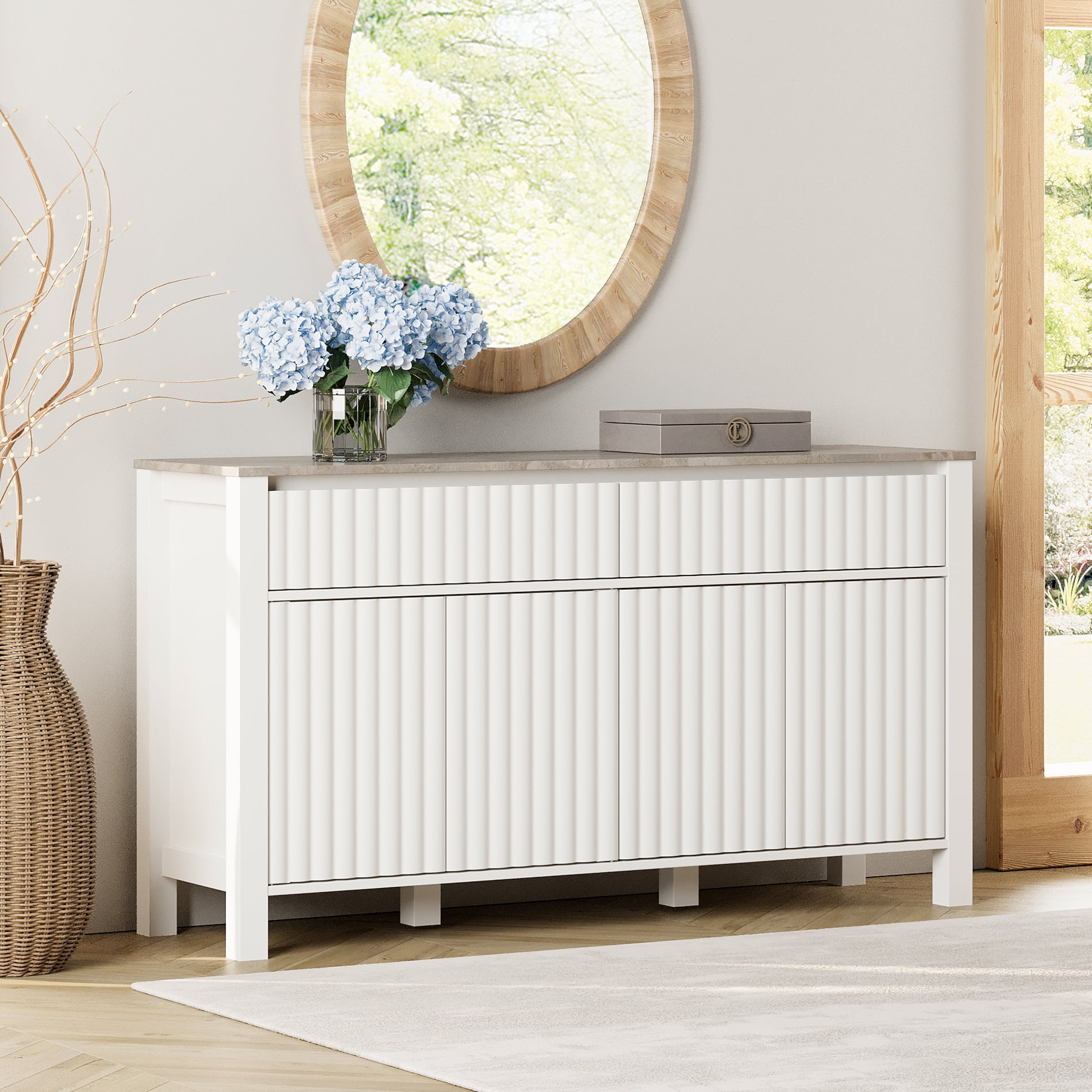 WAMPAT White Dresser for Bedroom, 57” Dresser with Fluted Doors and ...
