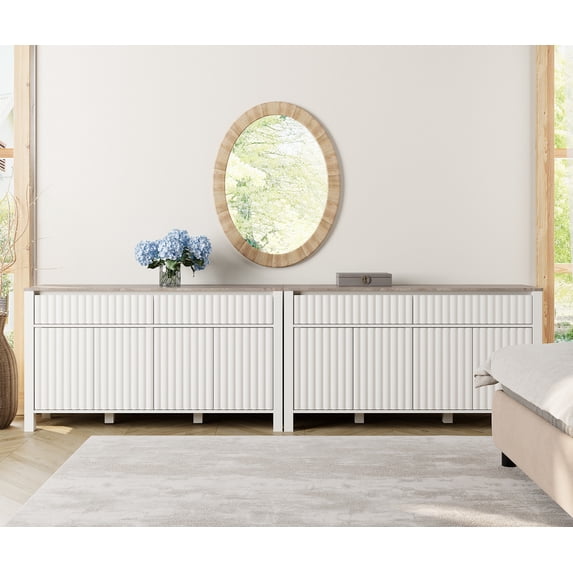 WAMPAT White Dresser for Bedroom, Large Dresser with Fluted Doors and Solid Wood Legs, Modern Storage Chests of Drawers for Hallway, Entryway